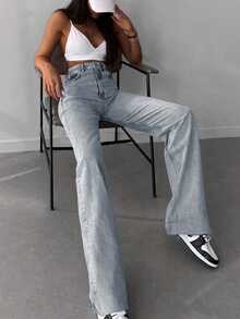 SHEIN Tall 100%Cotton Casual High Waisted Straight Leg Jeans With Washed Effect, Tall Women - Light Wash - View 3