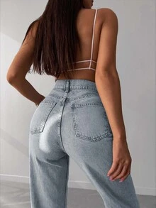 SHEIN Tall 100%Cotton Casual High Waisted Straight Leg Jeans With Washed Effect, Tall Women - Light Wash - View 4