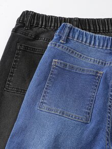 SHEIN 兒童 2 件組 青少年男孩 寬鬆舒適 破洞黑色彈性緊身牛仔褲 - 彩色 - 查看 4