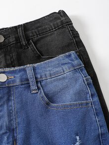 SHEIN 兒童 2 件組 青少年男孩 寬鬆舒適 破洞黑色彈性緊身牛仔褲 - 彩色 - 查看 6