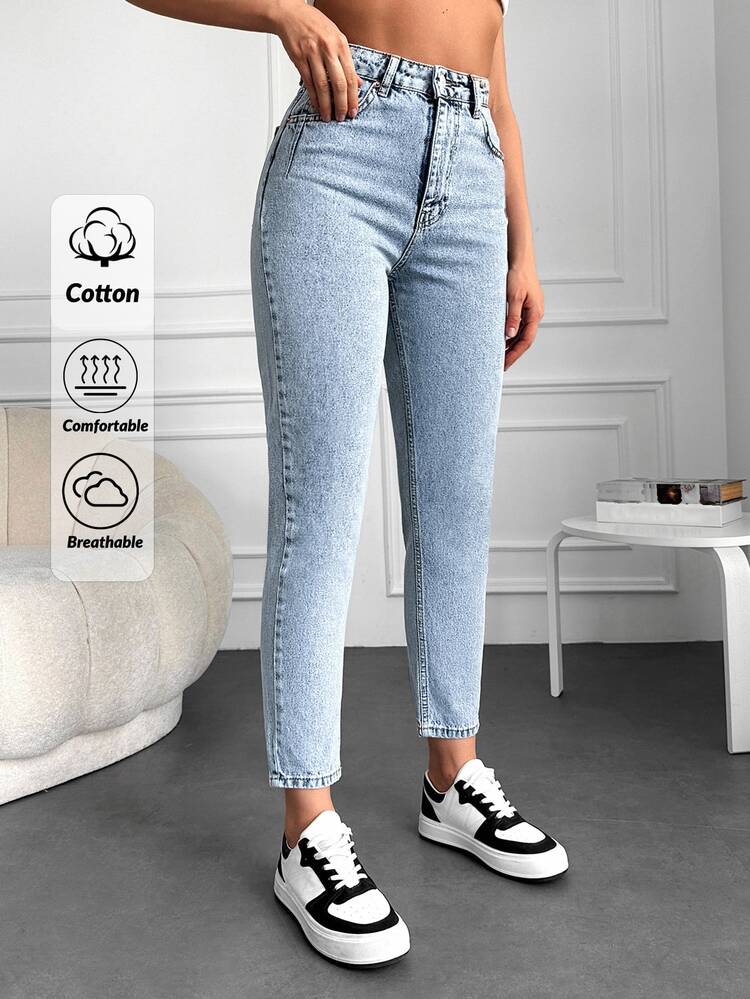 EURMUSE 100%Cotton Snow Washed Cropped Mom Fit Jeans - Light Wash - View 1