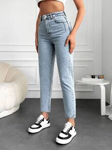 EURMUSE 100%Cotton Snow Washed Cropped Mom Fit Jeans - Light Wash - View 3