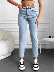 EURMUSE 100%Cotton Snow Washed Cropped Mom Fit Jeans - Light Wash - View 5
