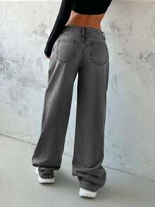 EURMUSE Women's Low Waist Y2k Pocketed Wide Leg Loose Casual Versatile Jeans 2000s Style - Light Grey - View 2