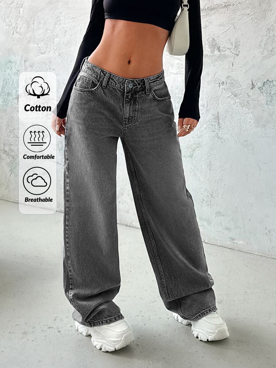 EURMUSE Women's Low Waist Y2k Pocketed Wide Leg Loose Casual Versatile Jeans 2000s Style - Light Grey - View 1