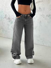 EURMUSE Women's Low Waist Y2k Pocketed Wide Leg Loose Casual Versatile Jeans 2000s Style - Light Grey - View 4