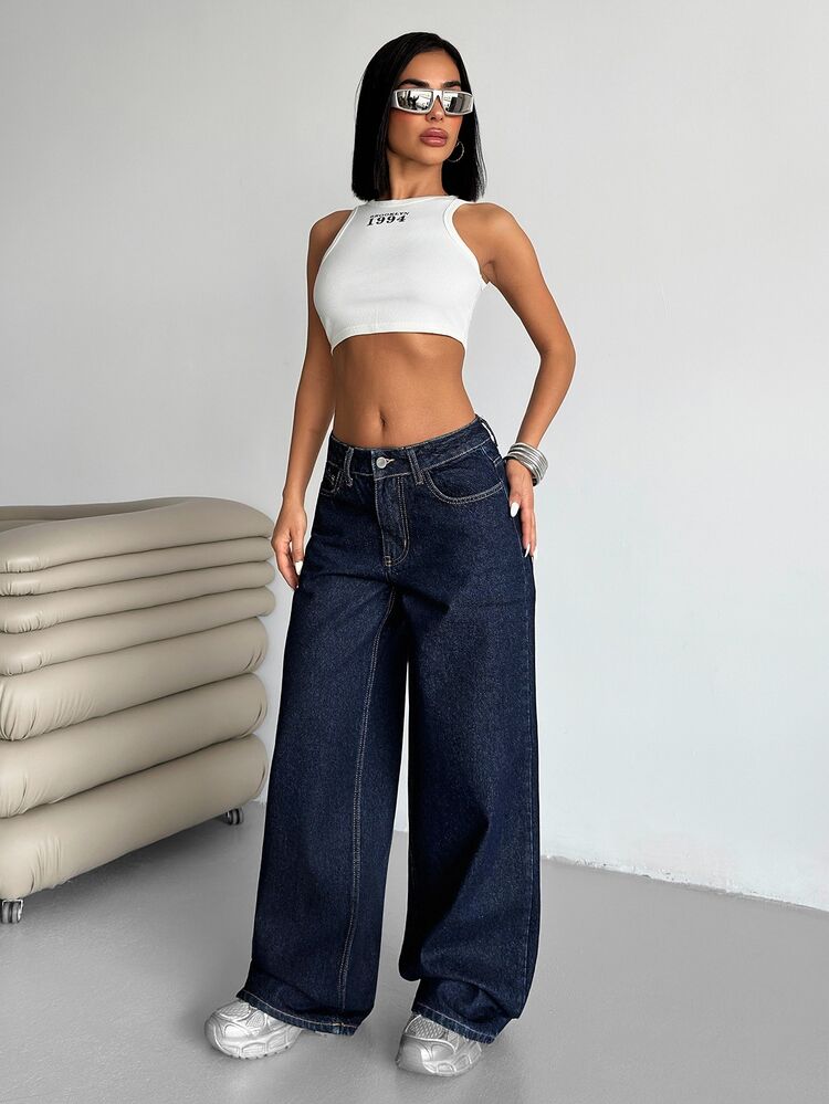 EURMUSE WOMEN LOW WAIST WIDELEG CASUAL STREET DARK BLUE WITH BACK LABEL WATER WASH Women Short Set Jeans For Women Clothing Jeans Women's Jeans - Dark Wash - View 6