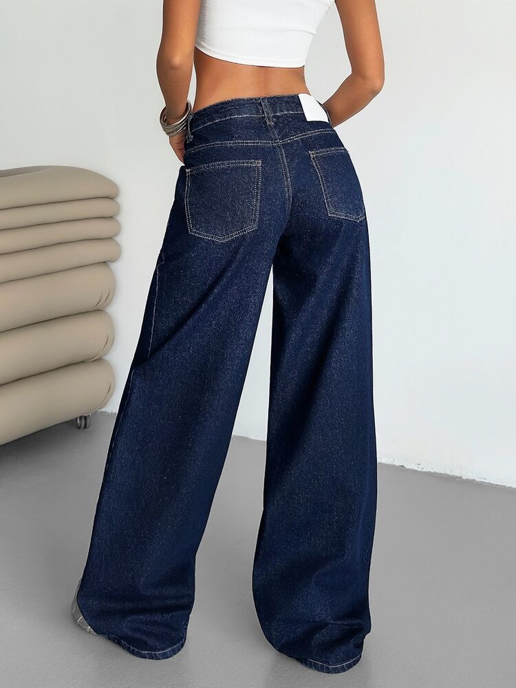 EURMUSE WOMEN LOW WAIST WIDELEG CASUAL STREET DARK BLUE WITH BACK LABEL WATER WASH Women Short Set Jeans For Women Clothing Jeans Women's Jeans - Dark Wash - View 2