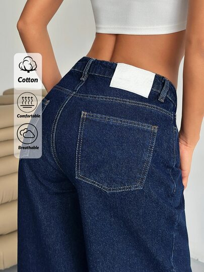 EURMUSE WOMEN LOW WAIST WIDELEG CASUAL STREET DARK BLUE WITH BACK LABEL WATER WASH Women Short Set Jeans For Women Clothing Jeans Women's Jeans