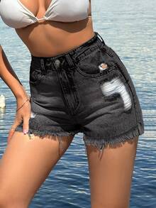 SHEIN Cottnline 100Cotton Back Label Detailed Short With Destroy Beach Black Summer Casual - Dark Grey - View 9