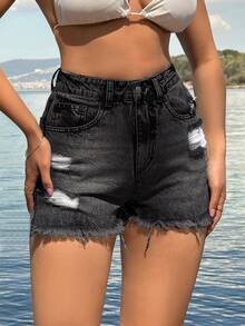 SHEIN Cottnline 100Cotton Back Label Detailed Short With Destroy Beach Black Summer Casual - Dark Grey - View 10