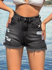 SHEIN Cottnline 100Cotton Back Label Detailed Short With Destroy Beach Black Summer Casual - Dark Grey - View 4