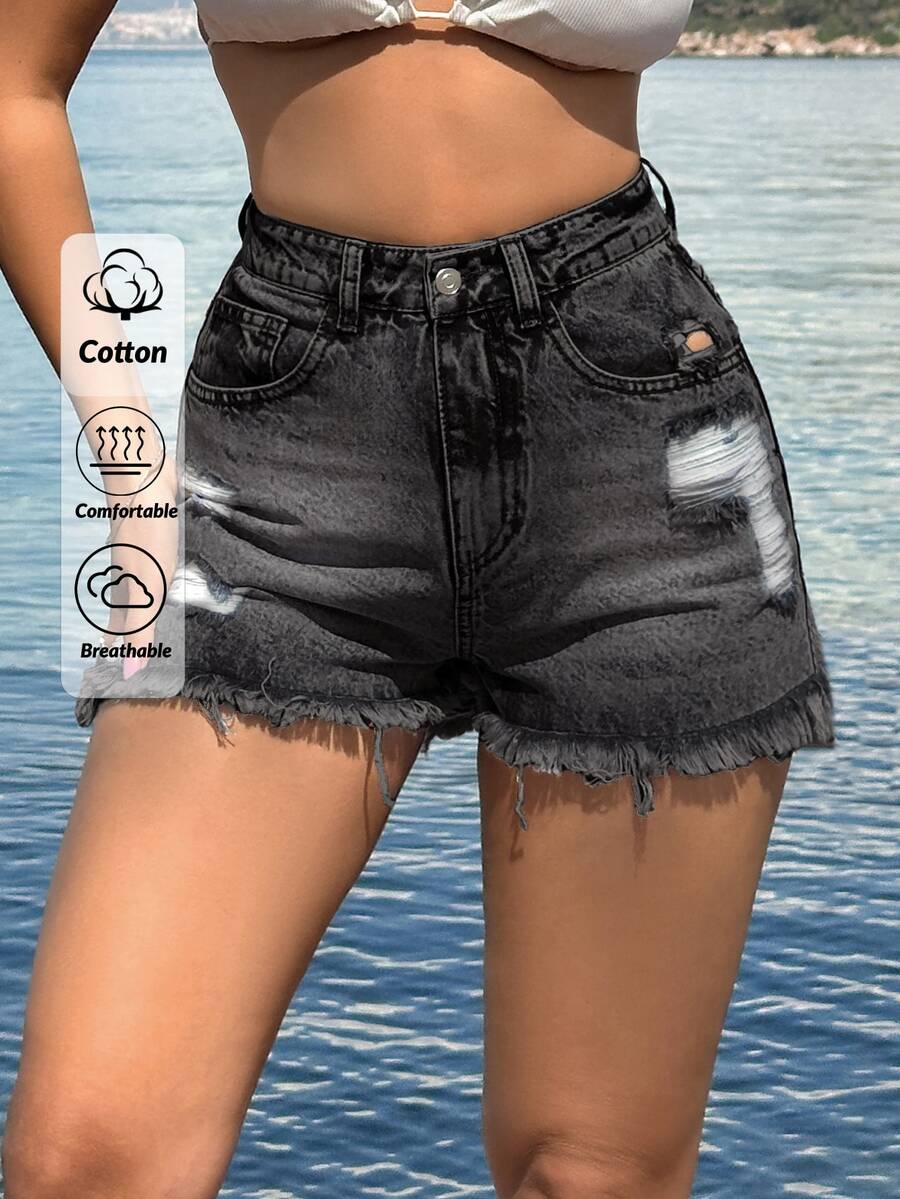 SHEIN Cottnline 100Cotton Back Label Detailed Short With Destroy Beach Black Summer Casual