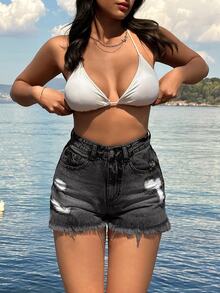 SHEIN Cottnline 100Cotton Back Label Detailed Short With Destroy Beach Black Summer Casual - Dark Grey - View 6