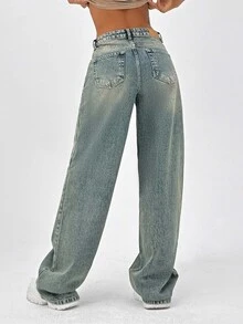 SHEIN Tall 100% Cotton LOW RISE WIDELEG CUT VINTAGE WASH Y2K BAGGY JEANS TALL - Medium Wash - View 2