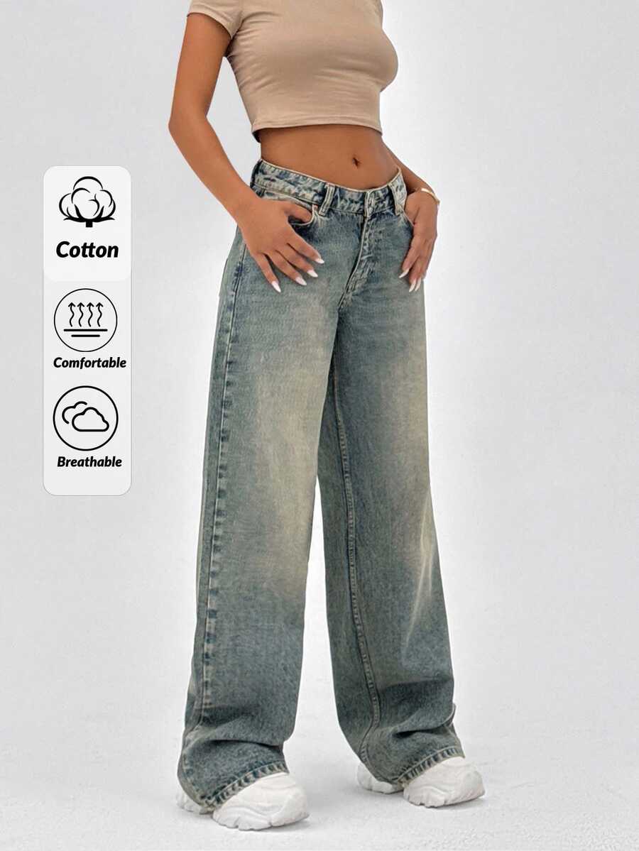SHEIN Tall 100% Cotton LOW RISE WIDELEG CUT VINTAGE WASH Y2K BAGGY JEANS TALL - Medium Wash - View 1