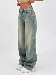 SHEIN Tall 100% Cotton LOW RISE WIDELEG CUT VINTAGE WASH Y2K BAGGY JEANS TALL - Medium Wash - View 5