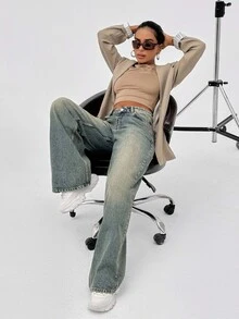 SHEIN Tall 100% Cotton LOW RISE WIDELEG CUT VINTAGE WASH Y2K BAGGY JEANS TALL - Medium Wash - View 4