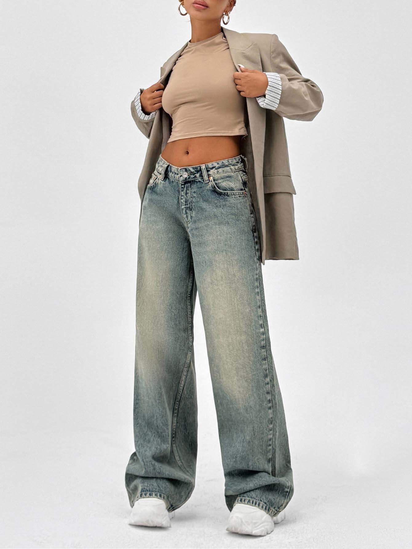 SHEIN Tall جينز واسع الساق منخفض الخصر مغسول بطريقة عتيقة من طراز Y2K فضفاض، قطن 100٪ طويل - أزرق متوسط - مشاهدة 3