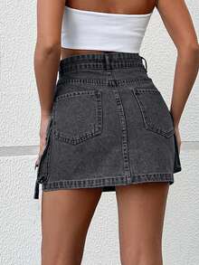 EURMUSE Flap Pocket Buckle Detail Denim Skirt - Black - View 2