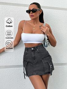 EURMUSE Flap Pocket Buckle Detail Denim Skirt - Black - View 1