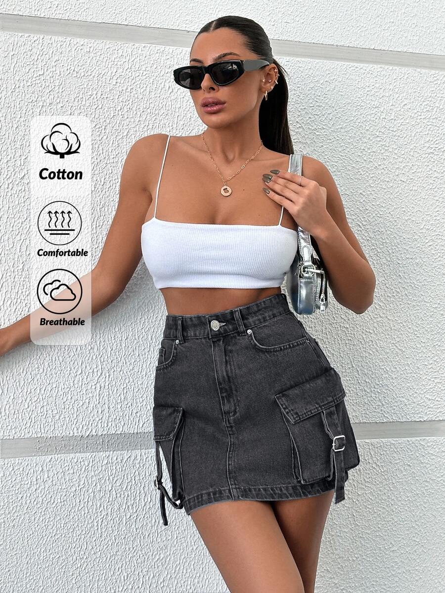 EURMUSE Flap Pocket Buckle Detail Denim Skirt - Black - View 1