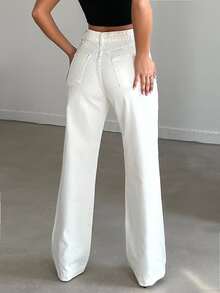 SHEIN Plus High Waist Casual Straight Jean Brunch Date Night White Summer - White - View 3