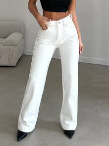 SHEIN Plus High Waist Casual Straight Jean Brunch Date Night White Summer - White - View 4
