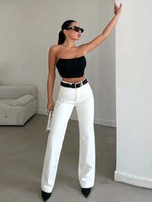 SHEIN Plus High Waist Casual Straight Jean Brunch Date Night White Summer - White - View 5