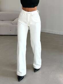 SHEIN Plus High Waist Casual Straight Jean Brunch Date Night White Summer - White - View 7