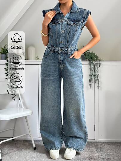 EURMUSE 100 Cotton Women Denim Blue Fashionable Casual Overall Button Front Streetwear Detail Everyday Work Summer