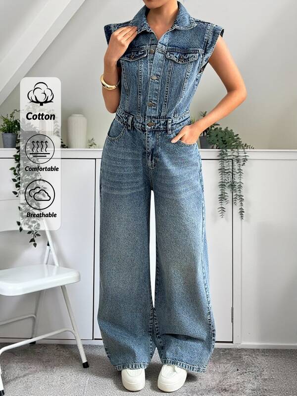 EURMUSE 100 Cotton Women Denim Blue Fashionable Casual Overall Button Front Streetwear Detail Everyday Work Summer