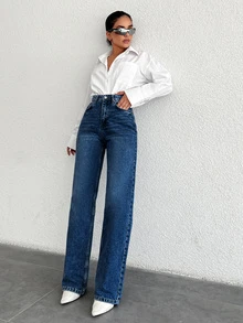 EURMUSE Straight Zipper Fly Denim Jeans - Blue - View 5