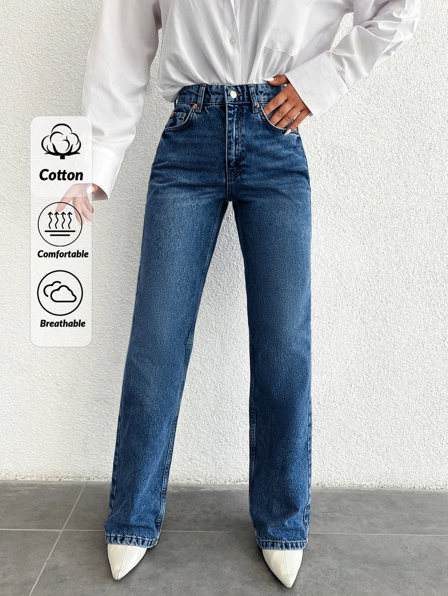 EURMUSE Straight Zipper Fly Denim Jeans - Blue - View 1