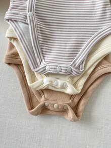 SHEIN 新生兒女嬰與男嬰3件套，奶油色、條紋、淺棕色純色，交叉前襟，舒適可愛趣味優雅簡約時尚，長袖彈性連身衣連身衣套裝 - 彩色 - 查看 8