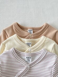 SHEIN 新生兒女嬰與男嬰3件套，奶油色、條紋、淺棕色純色，交叉前襟，舒適可愛趣味優雅簡約時尚，長袖彈性連身衣連身衣套裝 - 彩色 - 查看 5