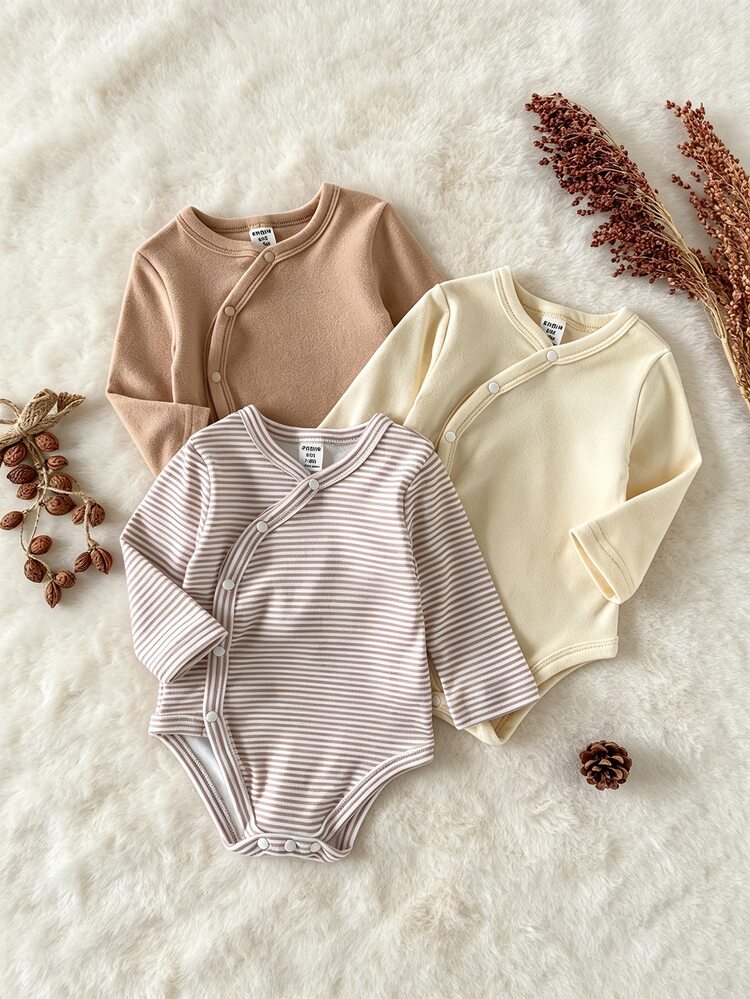 SHEIN Newborn Baby Girl & Boy 3-Piece Set, Cream, Striped, Light Brown Solid Color, Cross Front, Comfortable, Cute, Fun, Elegant, Minimalist, Fashionable, Long Sleeve, Elastic, Romper, Bodysuit, Multi-Piece Set - Multicolor - View 3