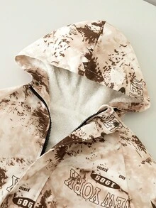 SHEIN 青少年男孩字母印花連帽休閒街頭風寬鬆抓絨內裡長袖夾克外套 秋冬款 - 卡其色 - 查看 8
