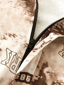 SHEIN 青少年男孩字母印花連帽休閒街頭風寬鬆抓絨內裡長袖夾克外套 秋冬款 - 卡其色 - 查看 7