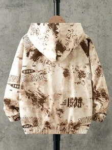 SHEIN 青少年男孩字母印花連帽休閒街頭風寬鬆抓絨內裡長袖夾克外套 秋冬款 - 卡其色 - 查看 3