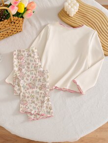 女童睡衣兩件套，四季款田園風兔子與小碎花圖案，對比色波浪飾邊，長袖上衣與長褲居家服 - 彩色 - 查看 2