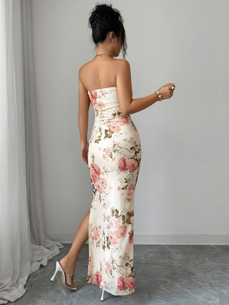 Rafferiza Women Allover Print Strapless Split Hem Minimalist Casual Dress Maxi Women Outfit - Apricot - View 2