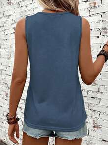 SHEIN LUNE Women's Solid Color Versatile Round Neck Casual Tank Top For Vacation And Daily Wear - Blue - View 2