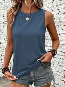 SHEIN LUNE Women's Solid Color Versatile Round Neck Casual Tank Top For Vacation And Daily Wear - Blue - View 6