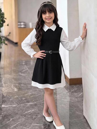 SHEIN Tween女孩可愛拼色2合1白色長袖洋裝，秋冬款