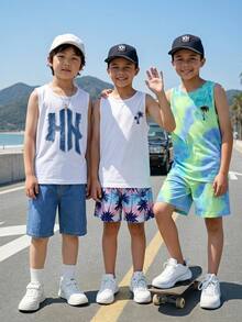 兒童青少年男孩休閒舒適時尚簡約圓領背心與短褲套裝 - 彩色 - 查看 2