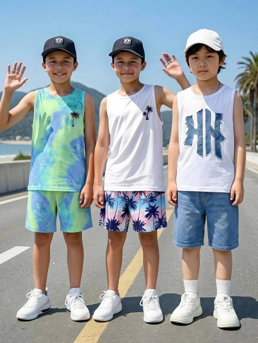 兒童青少年男孩休閒舒適時尚簡約圓領背心與短褲套裝 - 彩色 - 查看 1