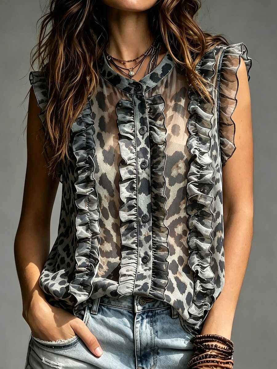 SHEIN Blus Chiffon Berkerah Ruffle Motif Leopard Cokelat Vintage Prancis. Cocok untuk Musim Panas dan Wanita. Dapat digunakan untuk Musim Panas, Musim Semi, Paskah, Festival, Pesta, Pernikahan di Pantai, Upacara Wisuda, Aktivitas Luar Ruangan, Perayaan Ulang Tahun. - Navy Blue - View 1