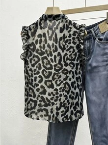 SHEIN Franclia 法式復古棕色豹紋雪紡荷葉領女式襯衫，適合夏季，適用於夏季、春季、復活節、節慶、派對、海灘婚禮、畢業典禮、戶外活動、生日慶祝 - 藏蓝色 - 查看 2