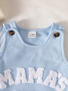 SHEIN 新生男嬰綠色條紋長袖連身衣，附字母刺繡無袖連身衣與帽子，可愛秋季假期白色舒適面料 - 淺藍色 - 查看 4
